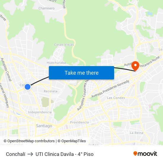Conchalí to UTI Clinica Davila - 4° Piso map