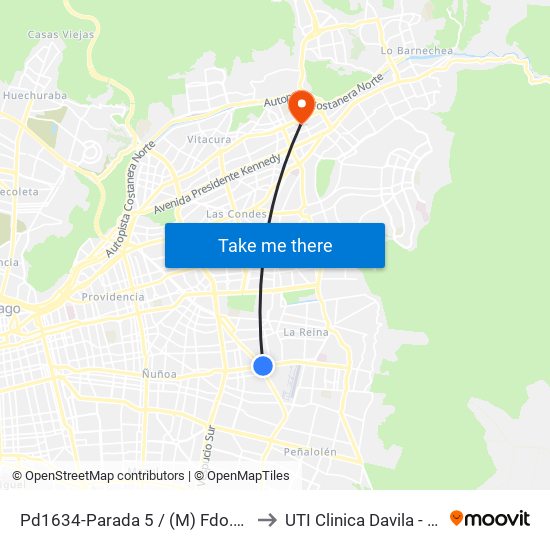 Pd1634-Parada 5 / (M) Fdo.Castillo V. to UTI Clinica Davila - 4° Piso map