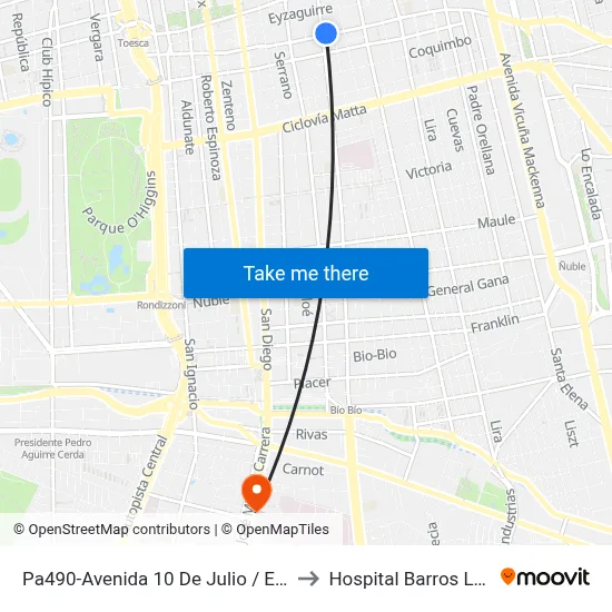 Pa490-Avenida 10 De Julio / Esq. Av. Santa Rosa to Hospital Barros Luco Trudeau map