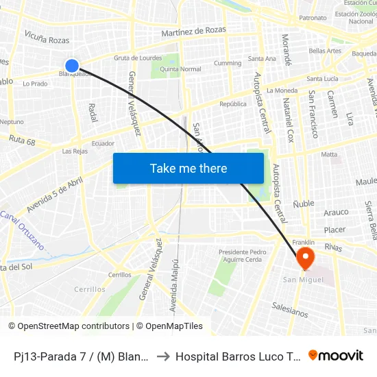Pj13-Parada 7 / (M) Blanqueado to Hospital Barros Luco Trudeau map