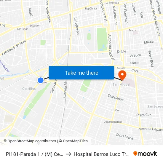 Pi181-Parada 1 / (M) Cerrillos to Hospital Barros Luco Trudeau map