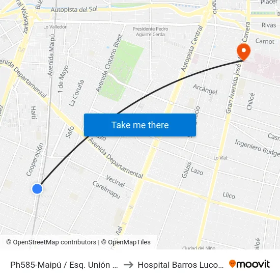 Ph585-Maipú / Esq. Unión Ferroviaria to Hospital Barros Luco Trudeau map