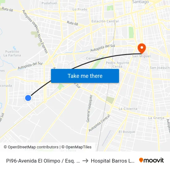 Pi96-Avenida El Olimpo / Esq. Nueva San Martín to Hospital Barros Luco Trudeau map
