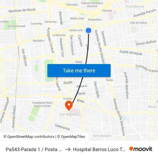 Pa543-Parada 1 / Posta Central to Hospital Barros Luco Trudeau map