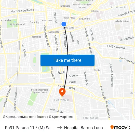 Pa91-Parada 11 / (M) Santa Lucía to Hospital Barros Luco Trudeau map