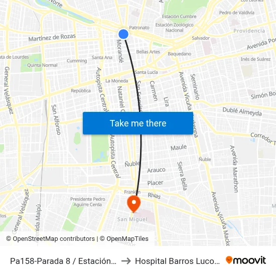 Pa158-Parada 8 / Estación Mapocho to Hospital Barros Luco Trudeau map