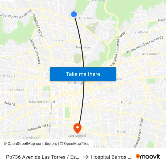 Pb736-Avenida Las Torres / Esq. Cam. Punta Mocha to Hospital Barros Luco Trudeau map