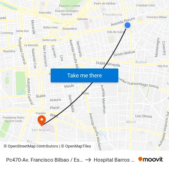 Pc470-Av. Francisco Bilbao / Esq. Avenida Los Leones to Hospital Barros Luco Trudeau map