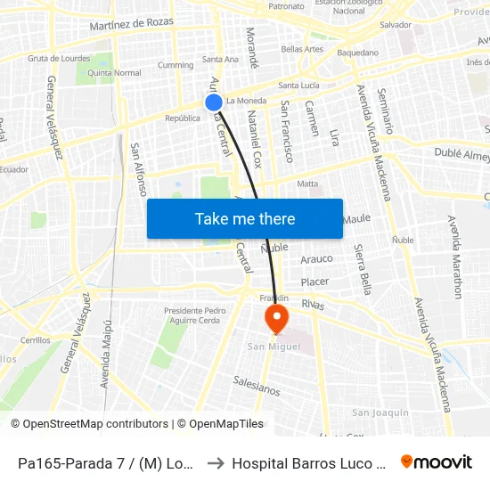 Pa165-Parada 7 / (M) Los Héroes to Hospital Barros Luco Trudeau map