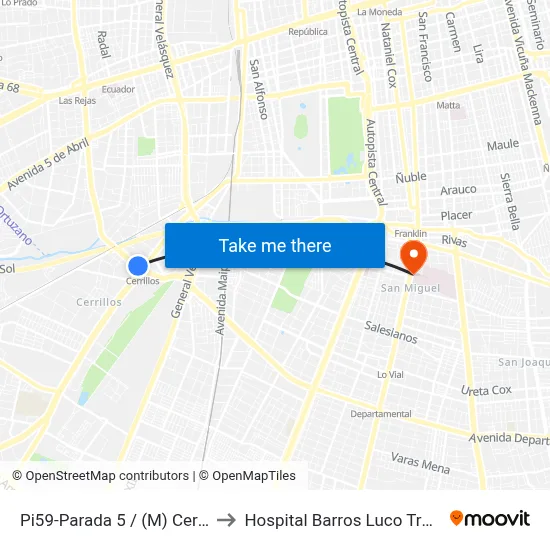 Pi59-Parada 5 / (M) Cerrillos to Hospital Barros Luco Trudeau map
