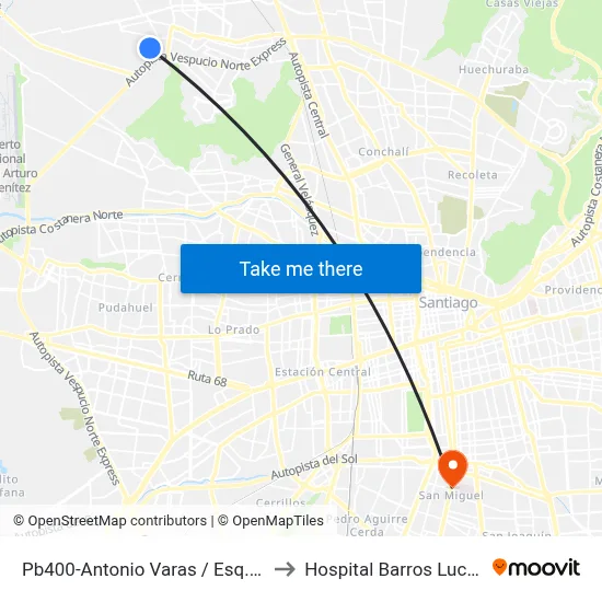 Pb400-Antonio Varas / Esq. Las Violetas to Hospital Barros Luco Trudeau map