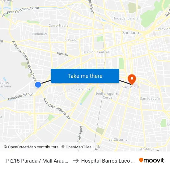 Pi215-Parada / Mall Arauco Maipú to Hospital Barros Luco Trudeau map