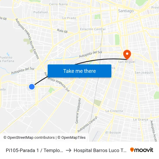 Pi105-Parada 1 / Templo Votivo to Hospital Barros Luco Trudeau map