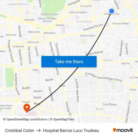 Cristóbal Colón to Hospital Barros Luco Trudeau map