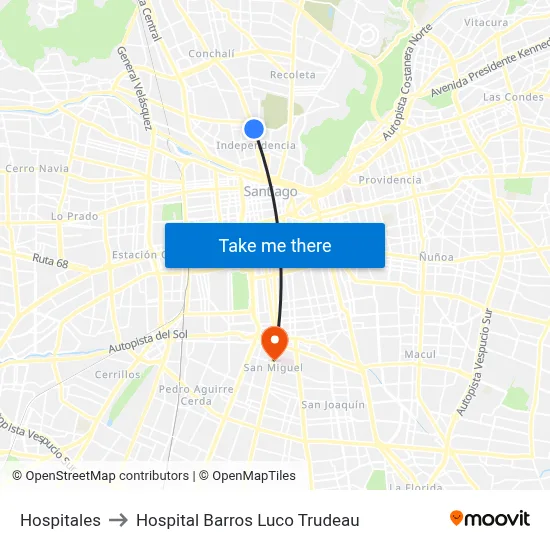 Hospitales to Hospital Barros Luco Trudeau map