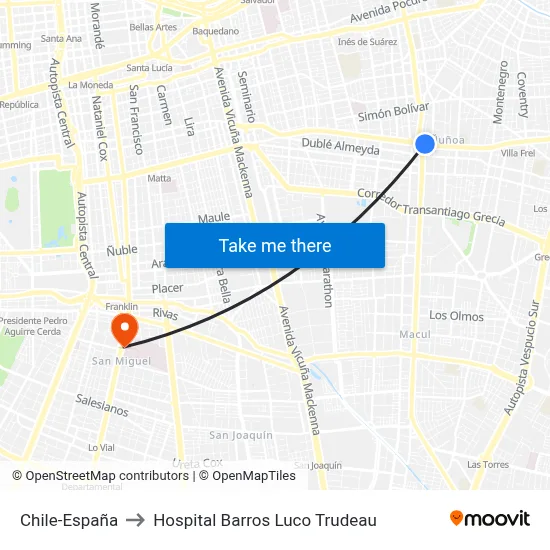 Chile-España to Hospital Barros Luco Trudeau map