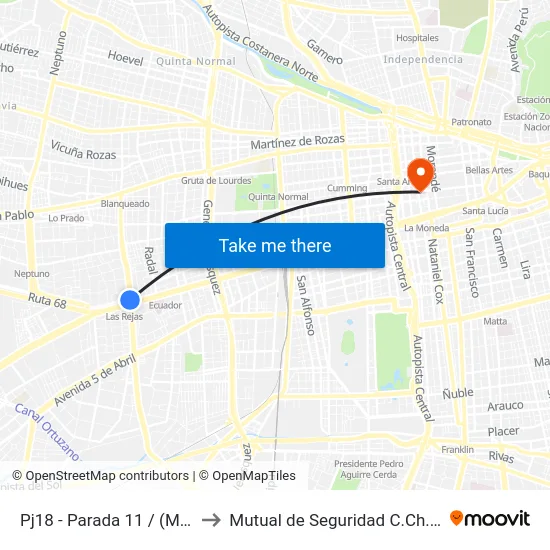 Pj18 - Parada 11 / (M) Las Rejas to Mutual de Seguridad C.Ch.C. Agustinas map