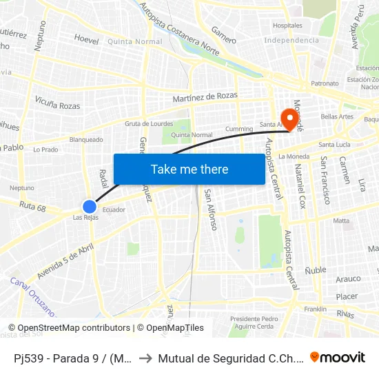 Pj539 - Parada 9 / (M) Las Rejas to Mutual de Seguridad C.Ch.C. Agustinas map