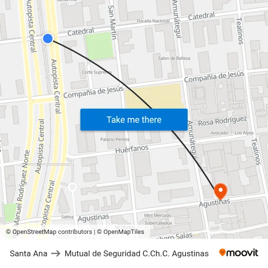 Santa Ana to Mutual de Seguridad C.Ch.C. Agustinas map