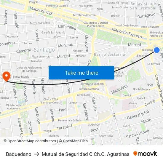 Baquedano to Mutual de Seguridad C.Ch.C. Agustinas map