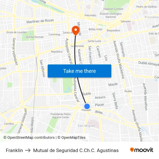Franklin to Mutual de Seguridad C.Ch.C. Agustinas map