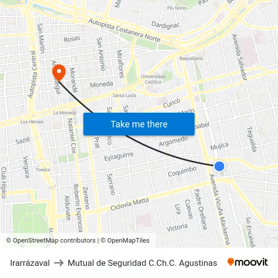 Irarrázaval to Mutual de Seguridad C.Ch.C. Agustinas map