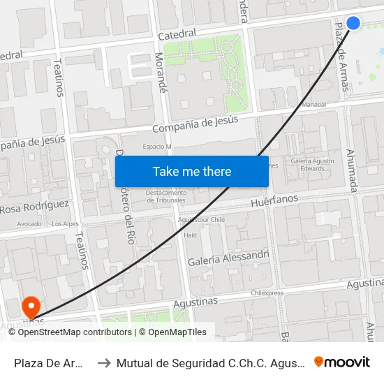 Plaza De Armas to Mutual de Seguridad C.Ch.C. Agustinas map