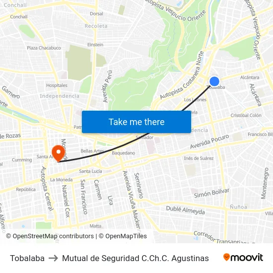 Tobalaba to Mutual de Seguridad C.Ch.C. Agustinas map