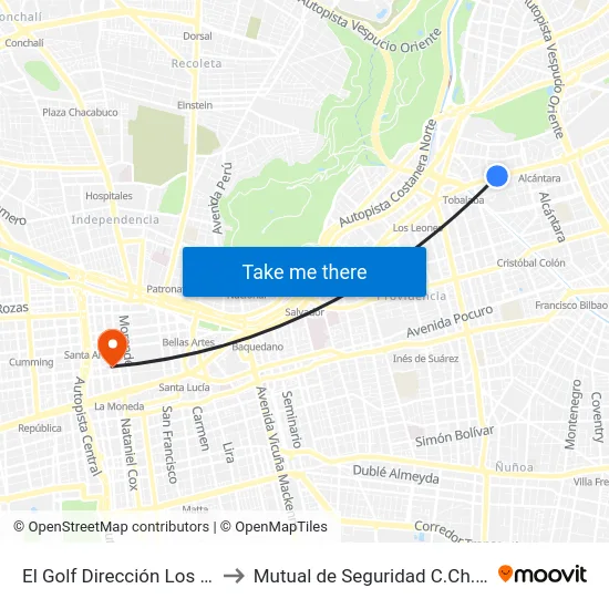 El Golf Dirección Los Domínicos to Mutual de Seguridad C.Ch.C. Agustinas map