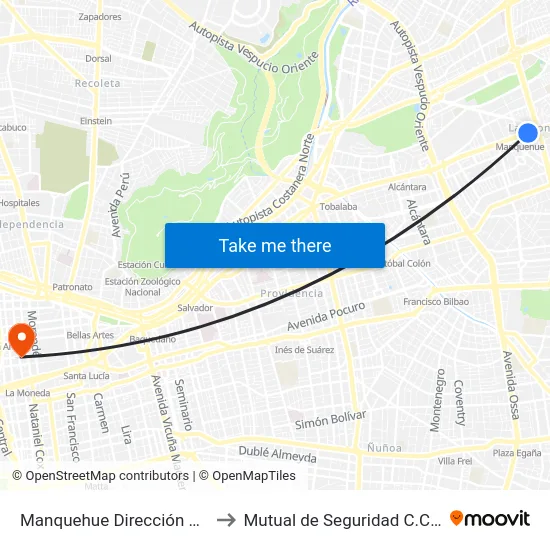 Manquehue Dirección Los Domínicos to Mutual de Seguridad C.Ch.C. Agustinas map