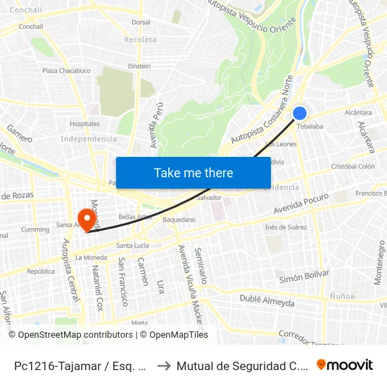 Pc1216-Tajamar / Esq. Avenida Vitacura to Mutual de Seguridad C.Ch.C. Agustinas map