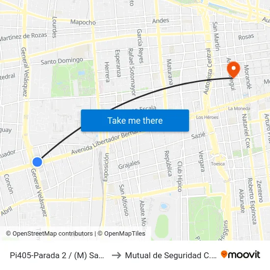 Pi405-Parada 2 / (M) San Alberto Hurtado to Mutual de Seguridad C.Ch.C. Agustinas map