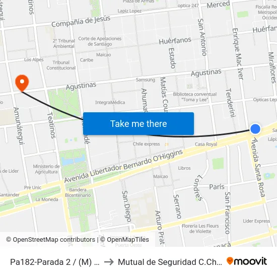 Pa182-Parada 2 / (M) Santa Lucía to Mutual de Seguridad C.Ch.C. Agustinas map