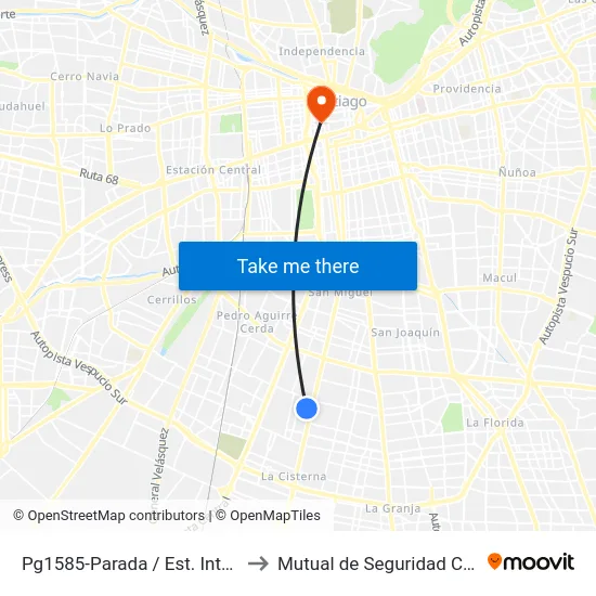 Pg1585-Parada / Est. Intermodal Lo Ovalle to Mutual de Seguridad C.Ch.C. Agustinas map