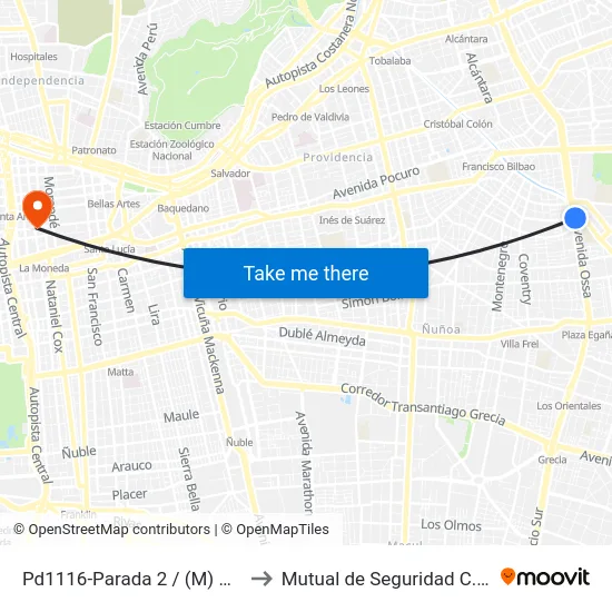 Pd1116-Parada 2 / (M) Príncipe De Gales to Mutual de Seguridad C.Ch.C. Agustinas map