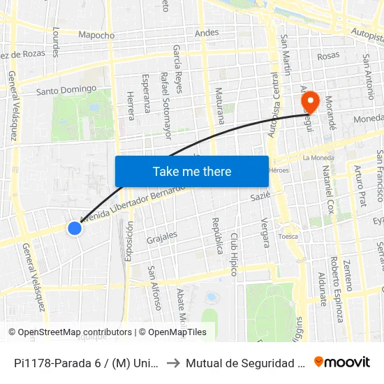 Pi1178-Parada 6 / (M) Universidad De Santiago to Mutual de Seguridad C.Ch.C. Agustinas map