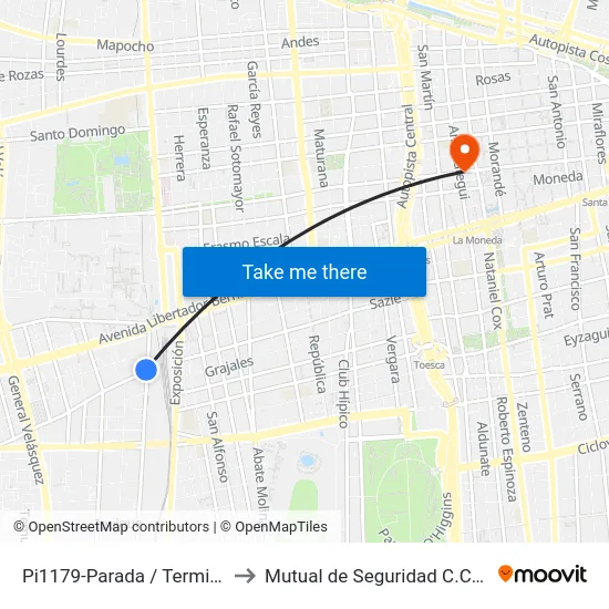 Pi1179-Parada / Terminal San Borja to Mutual de Seguridad C.Ch.C. Agustinas map