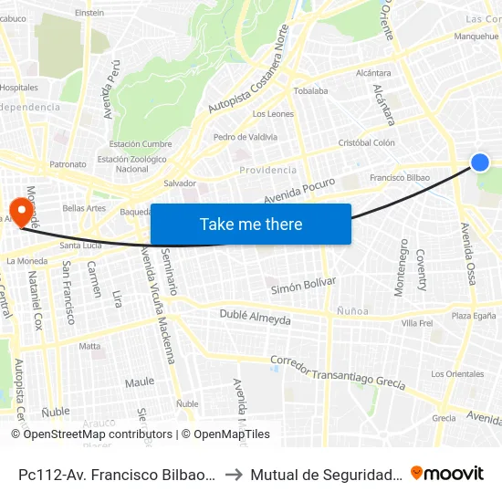 Pc112-Av. Francisco Bilbao / Esq. Sebastian Elcano to Mutual de Seguridad C.Ch.C. Agustinas map