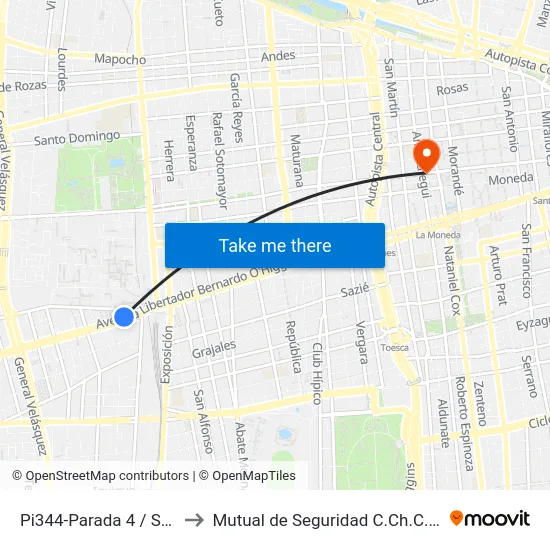Pi344-Parada 4 / San Borja to Mutual de Seguridad C.Ch.C. Agustinas map