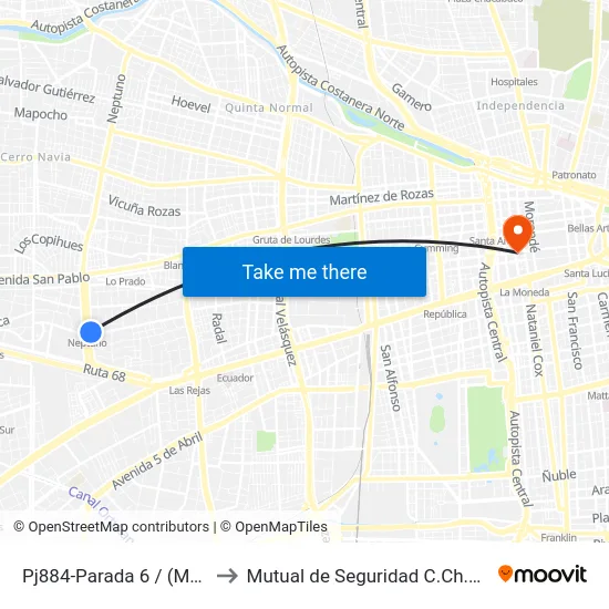 Pj884-Parada 6 / (M) Neptuno to Mutual de Seguridad C.Ch.C. Agustinas map