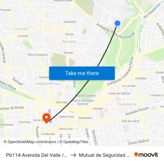 Pb114-Avenida Del Valle / Esq. Av. Santa Clara to Mutual de Seguridad C.Ch.C. Agustinas map
