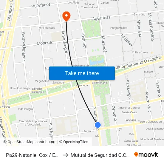 Pa29-Nataniel Cox / Esq. Tarapacá to Mutual de Seguridad C.Ch.C. Agustinas map