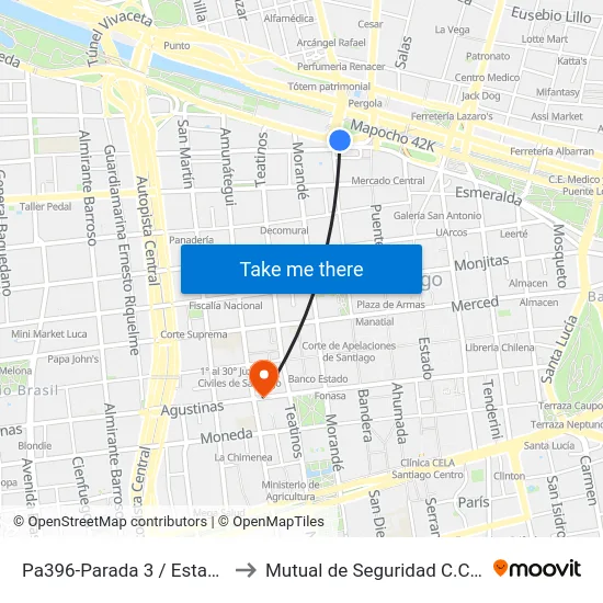 Pa396-Parada 3 / Estación Mapocho to Mutual de Seguridad C.Ch.C. Agustinas map