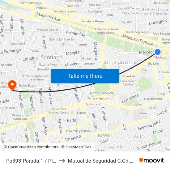 Pa393-Parada 1 / Plaza Italia to Mutual de Seguridad C.Ch.C. Agustinas map
