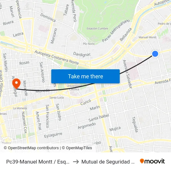 Pc39-Manuel Montt / Esq. Av. Eliodoro Yáñez to Mutual de Seguridad C.Ch.C. Agustinas map