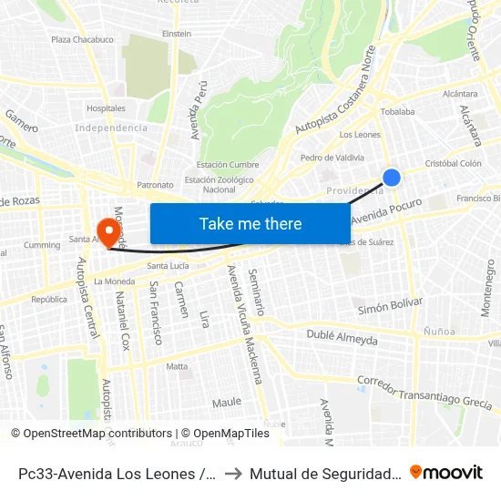 Pc33-Avenida Los Leones / Esq. Av. Eliodoro Yáñez to Mutual de Seguridad C.Ch.C. Agustinas map