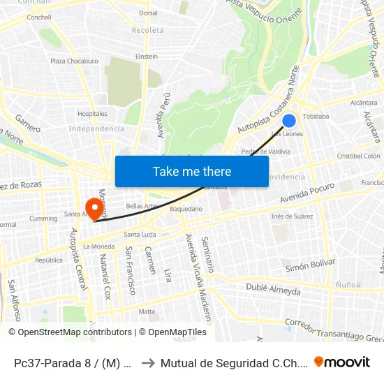 Pc37-Parada 8 / (M) Los Leones to Mutual de Seguridad C.Ch.C. Agustinas map