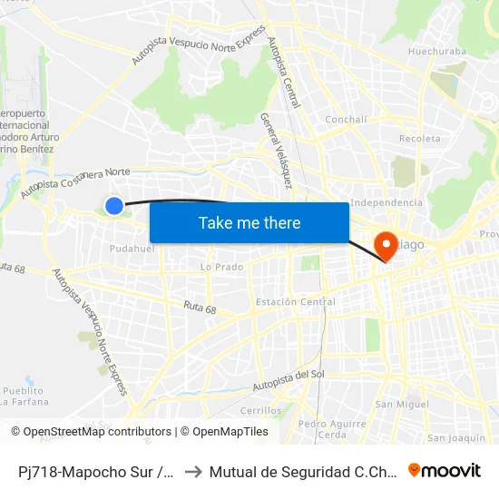 Pj718-Mapocho Sur / Esq. Boroa to Mutual de Seguridad C.Ch.C. Agustinas map