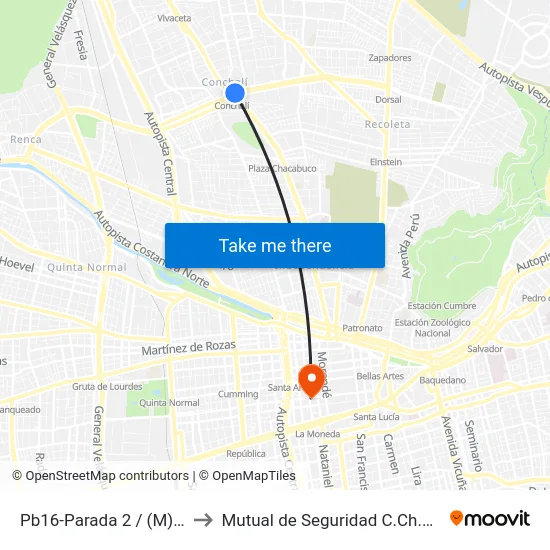 Pb16-Parada 2 / (M) Conchalí to Mutual de Seguridad C.Ch.C. Agustinas map