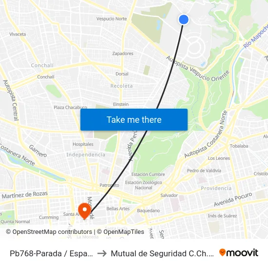 Pb768-Parada / Espacio Riesco to Mutual de Seguridad C.Ch.C. Agustinas map